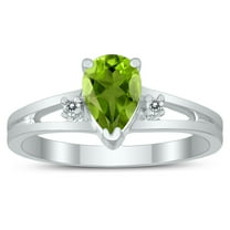 SZUL Women's 7X5MM Peridot and Diamond Pear Shaped Open Three Stone Ring in 10K White Gold