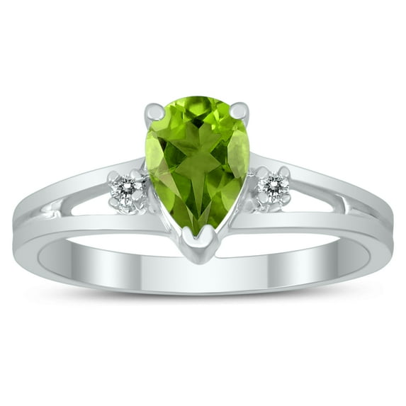 SZUL Women's 7X5MM Peridot and Diamond Pear Shaped Open Three Stone Ring in 10K White Gold