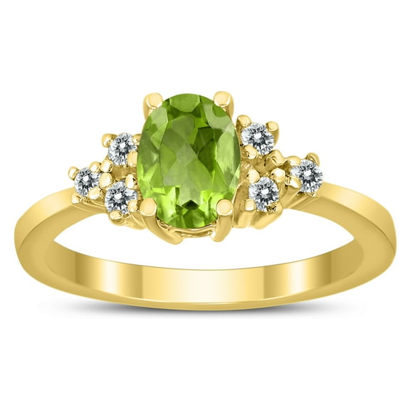 SZUL Women's 7X5MM Peridot and Diamond Regal Ring in 10K Yellow Gold