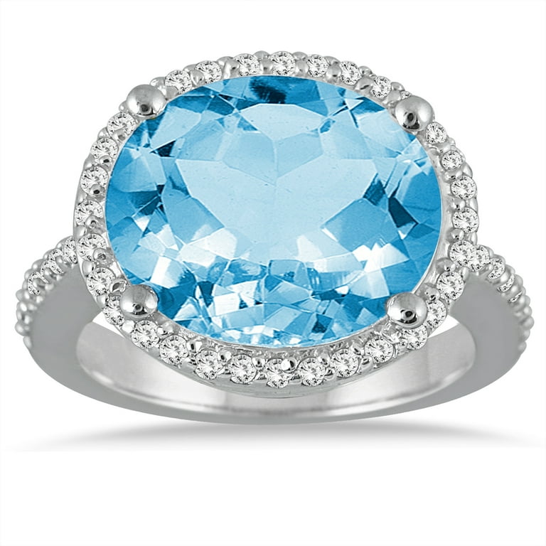 SZUL Women s 8 Carat Oval Blue Topaz and Diamond Ring in 14K White Gold
