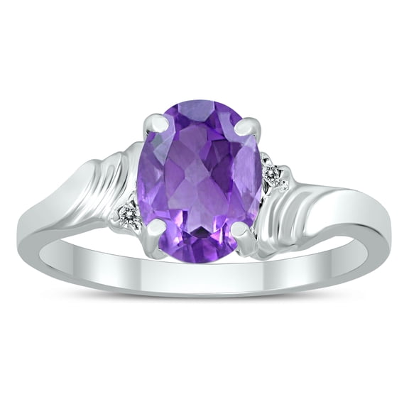 SZUL Women's 8X6MM Amethyst and Diamond Wave Ring in 10K White Gold