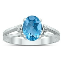SZUL Women's 8X6MM Blue Topaz and Diamond Open Three Stone Ring in 10K White Gold