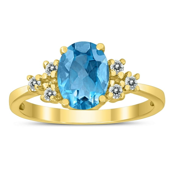 SZUL Women's 8X6MM Blue Topaz and Diamond Regal Ring in 10K Yellow Gold