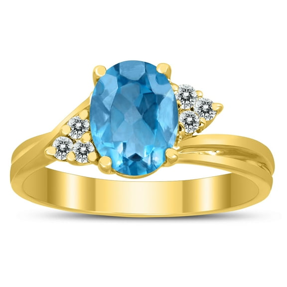SZUL Women's 8X6MM Blue Topaz and Diamond Twist Ring in 10K Yellow Gold