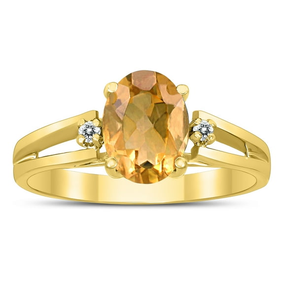 SZUL Women's 8X6MM Citrine and Diamond Open Three Stone Ring in 10K Yellow Gold