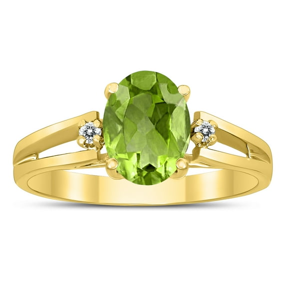 SZUL Women's 8X6MM Peridot and Diamond Open Three Stone Ring in 10K Yellow Gold