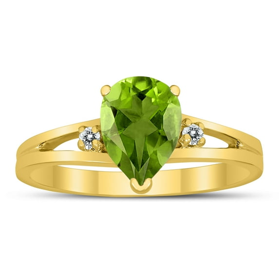 SZUL Women's 8X6MM Peridot and Diamond Pear Shaped Open Three Stone Ring in 10K Yellow Gold