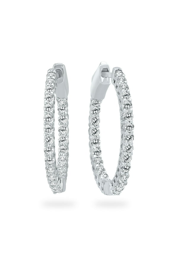 Women's AGS Certified 1 Carat TW Round Diamond Hoop Earrings with Push Down Button Locks in 14K White Gold