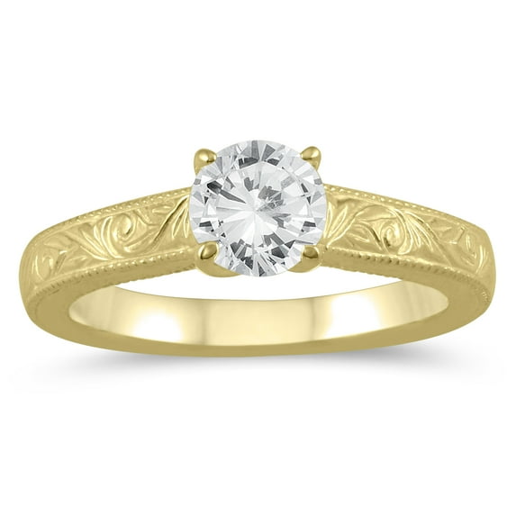 SZUL Women's AGS Certified 3/4 Carat Engraved Diamond Solitaire Ring in 14K Yellow Gold (J-K Color, I2-I3 Clarity)