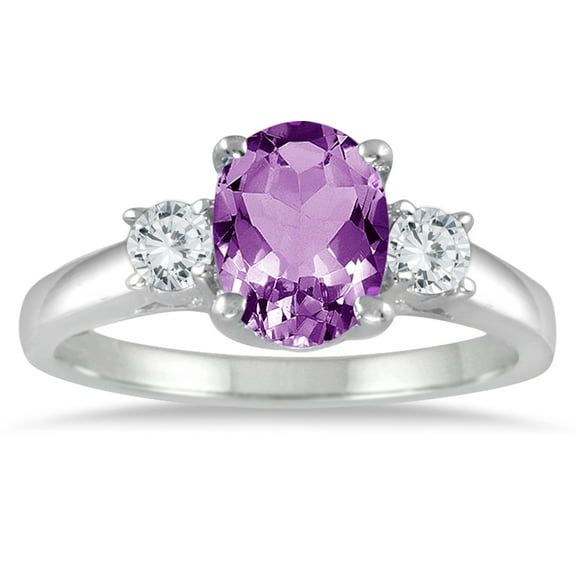 SZUL Women's Amethyst and Diamond Three Stone Ring 14K White Gold