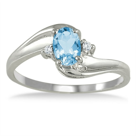 SZUL Women's Blue Topaz Gemstone and Diamond Wave Ring 14k White Gold