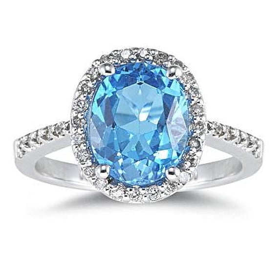 SZUL Women's Blue Topaz Oval Ring with Diamonds in 14K White Gold