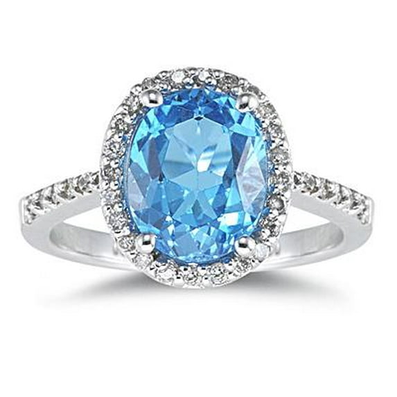 SZUL Women's Blue Topaz Oval Ring with Diamonds in 14K White Gold
