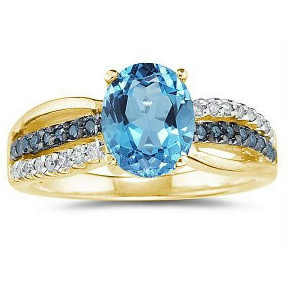 SZUL Women's Blue Topaz and Blue and White Diamond Ring in 10K Yellow Gold