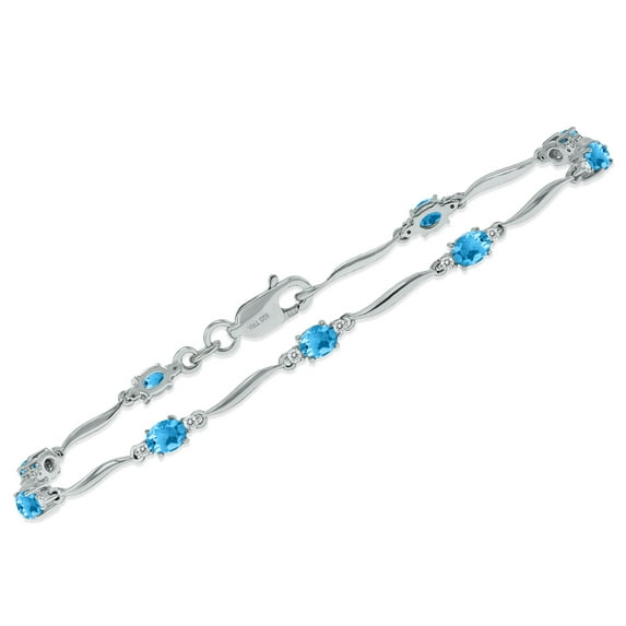 SZUL Women's Blue Topaz and Diamond Wave Link Bracelet in .925 Sterling Silver