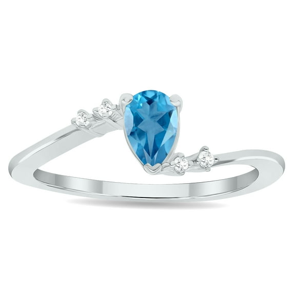 SZUL Women's Blue Topaz and Diamond Wave Ring in 10K White Gold