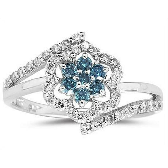 SZUL Women's Blue and White Diamond Flower Ring in 10k White Gold
