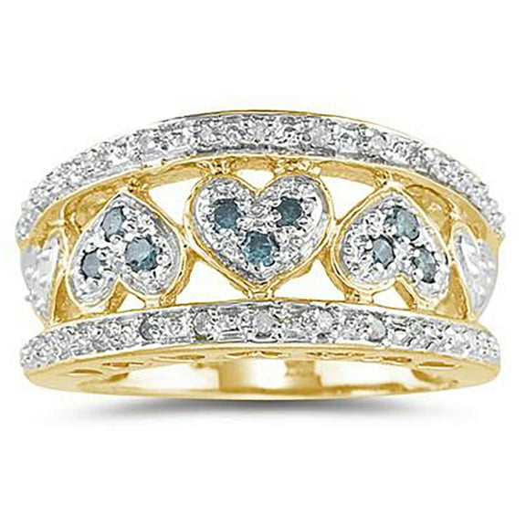 SZUL Women's Blue and White Diamond Heart Ring in 10k Yellow Gold