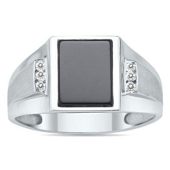 SZUL Women's Bold 10K White Gold Onyx and 6 Stone Genuine Diamond Men's Ring