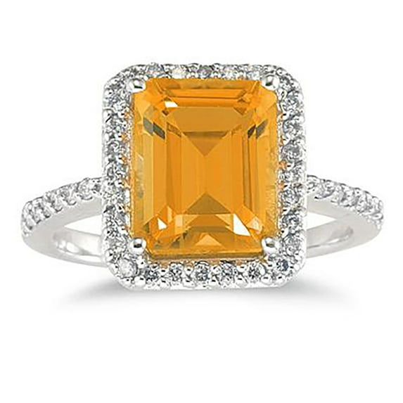 SZUL Women's Citrine and Diamond Halo Cocktail Ring in 14K White Gold
