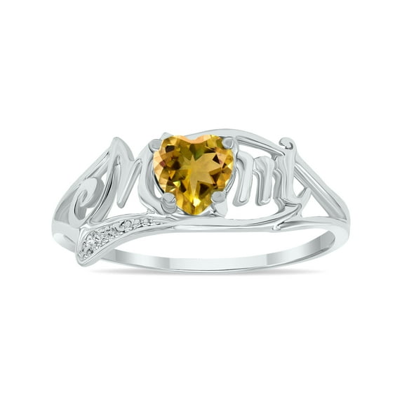 SZUL Women's Citrine and Diamond Heart Shaped MOM Ring in 10K White Gold