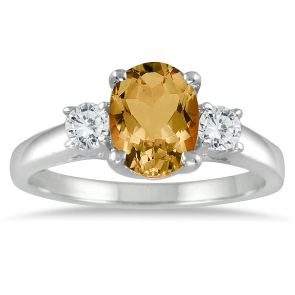 SZUL Women's Citrine and Diamond Three Stone Ring 14K White Gold