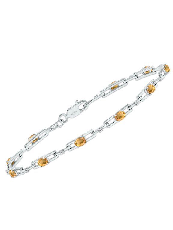 Women's Citrine and Natural Diamond Double Bar Link Bracelet in .925 Sterling Silver
