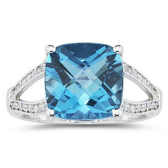 SZUL Women's Cushion Cut Blue Topaz and Diamond Ring 10k White Gold