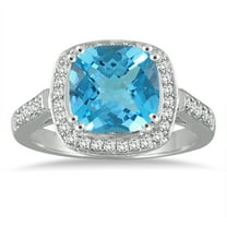 SZUL Women's Cushion Cut Blue Topaz and Diamond Ring in 14K White Gold