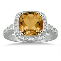 SZUL Women's Cushion Cut Citrine and Diamond Ring in 14K White Gold