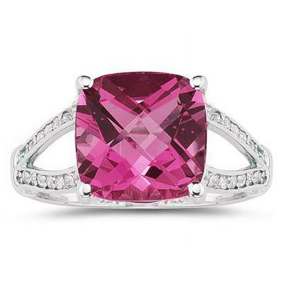 SZUL Women's Cushion Cut Pink Topaz and Diamond Ring 10k White Gold