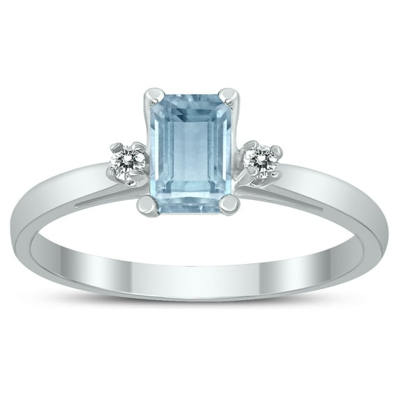 SZUL Women's Emerald Cut 6X4MM Aquamarine and Diamond Three Stone Ring in 10K White Gold