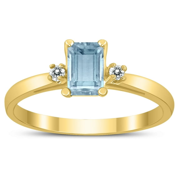SZUL Women's Emerald Cut 6X4MM Aquamarine and Diamond Three Stone Ring in 10K Yellow Gold