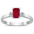 thumbnail image 1 of SZUL Women's Emerald Cut 6X4MM Ruby and Diamond Three Stone Ring in 10K White Gold, 1 of 4