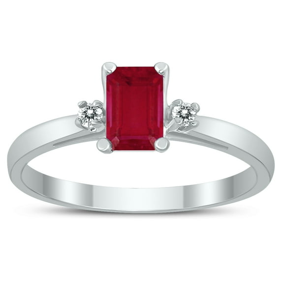 SZUL Women's Emerald Cut 6X4MM Ruby and Diamond Three Stone Ring in 10K White Gold