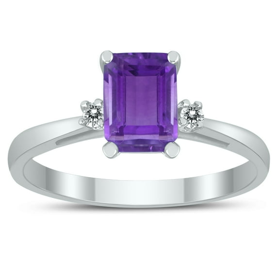 SZUL Women's Emerald Cut 7X5MM Amethyst and Diamond Three Stone Ring in 10K White Gold
