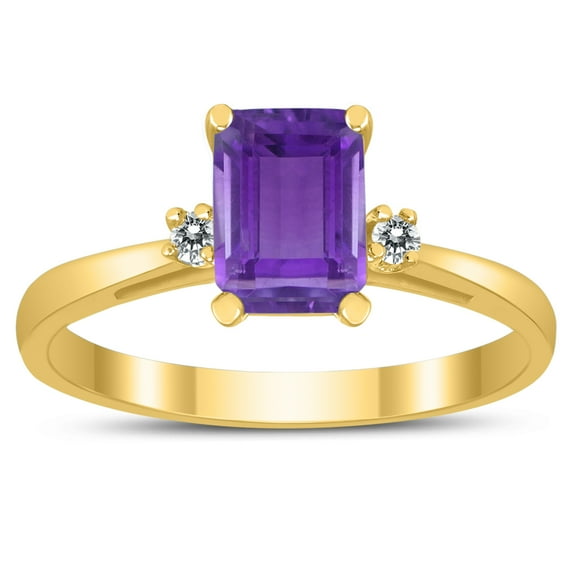 SZUL Women's Emerald Cut 7X5MM Amethyst and Diamond Three Stone Ring in 10K Yellow Gold
