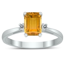 SZUL Women's Emerald Cut 7X5MM Citrine and Diamond Three Stone Ring in 10K White Gold