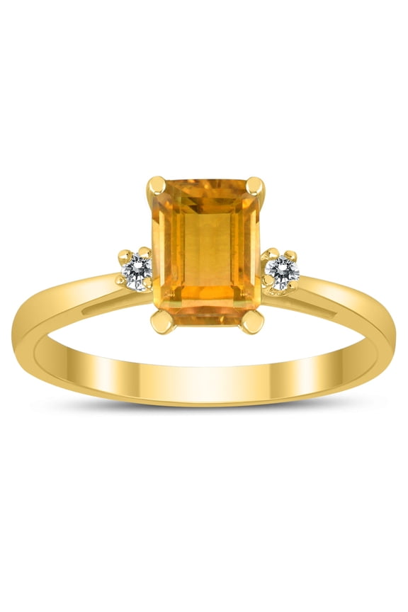Women's Emerald Cut 7X5MM Citrine and Diamond Three Stone Ring in 10K Yellow Gold