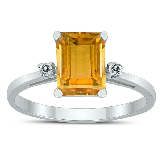 SZUL Women's Emerald Cut 8X6MM Citrine and Diamond Three Stone Ring in 10K White Gold