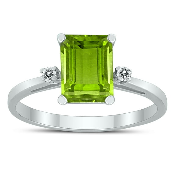SZUL Women's Emerald Cut 8X6MM Peridot and Diamond Three Stone Ring in 10K White Gold