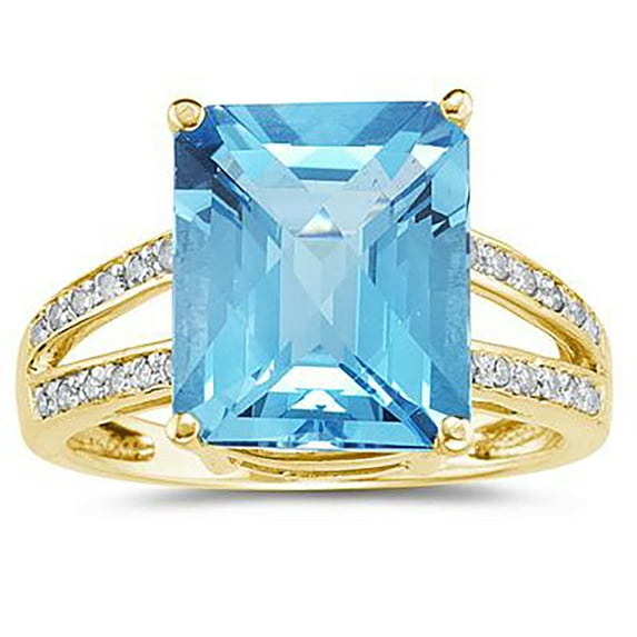 SZUL Women's Emerald Cut Blue Topaz and Diamond Ring 10k Yellow Gold