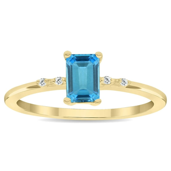 SZUL Women's Emerald Cut Blue Topaz and Diamond Sparkle Ring in 10K Yellow Gold