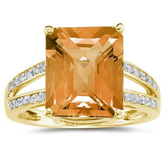 SZUL Women's Emerald Cut Citrine and Diamond Ring 10k Yellow Gold