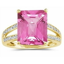 SZUL Women's Emerald Cut Pink Topaz and Diamond Ring 10k Yellow Gold