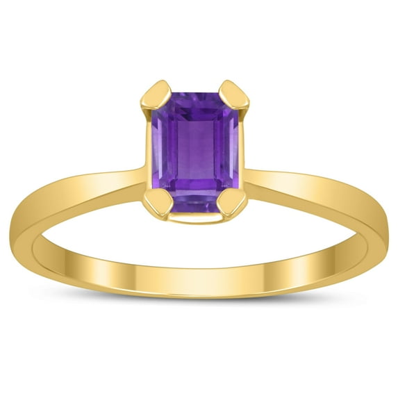 SZUL Women's Emerald Shaped 6X4MM Amethyst Solitaire Ring in 10K Yellow Gold