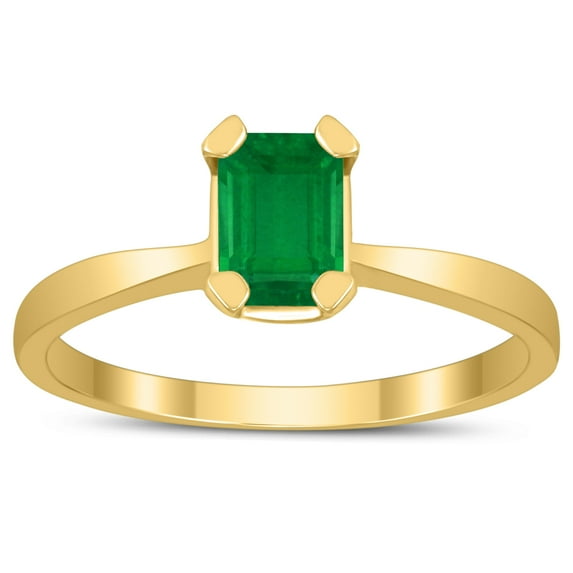 SZUL Women's Emerald Shaped 6X4MM Emerald Solitaire Ring in 10K Yellow Gold