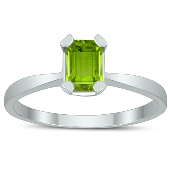 SZUL Women's Emerald Shaped 6X4MM Peridot Solitaire Ring in 10K White Gold