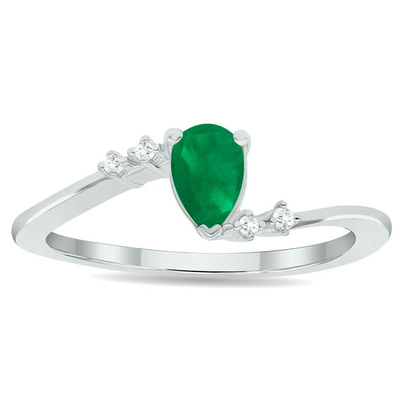 SZUL Women's Emerald and Diamond Wave Ring in 10K White Gold