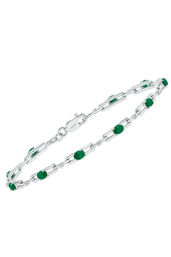 Women's Emerald and Natural Diamond Double Bar Link Bracelet in .925 Sterling Silver